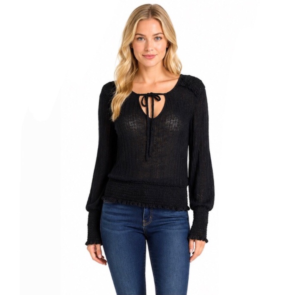 Nordstrom Bloomfield Black Smocked Tie Front Top Size Medium lightweight Ribbed